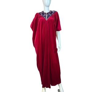 Y2K Circa 2000 Ruby Velvet Caftan Sequin Neckline Hostess Gown